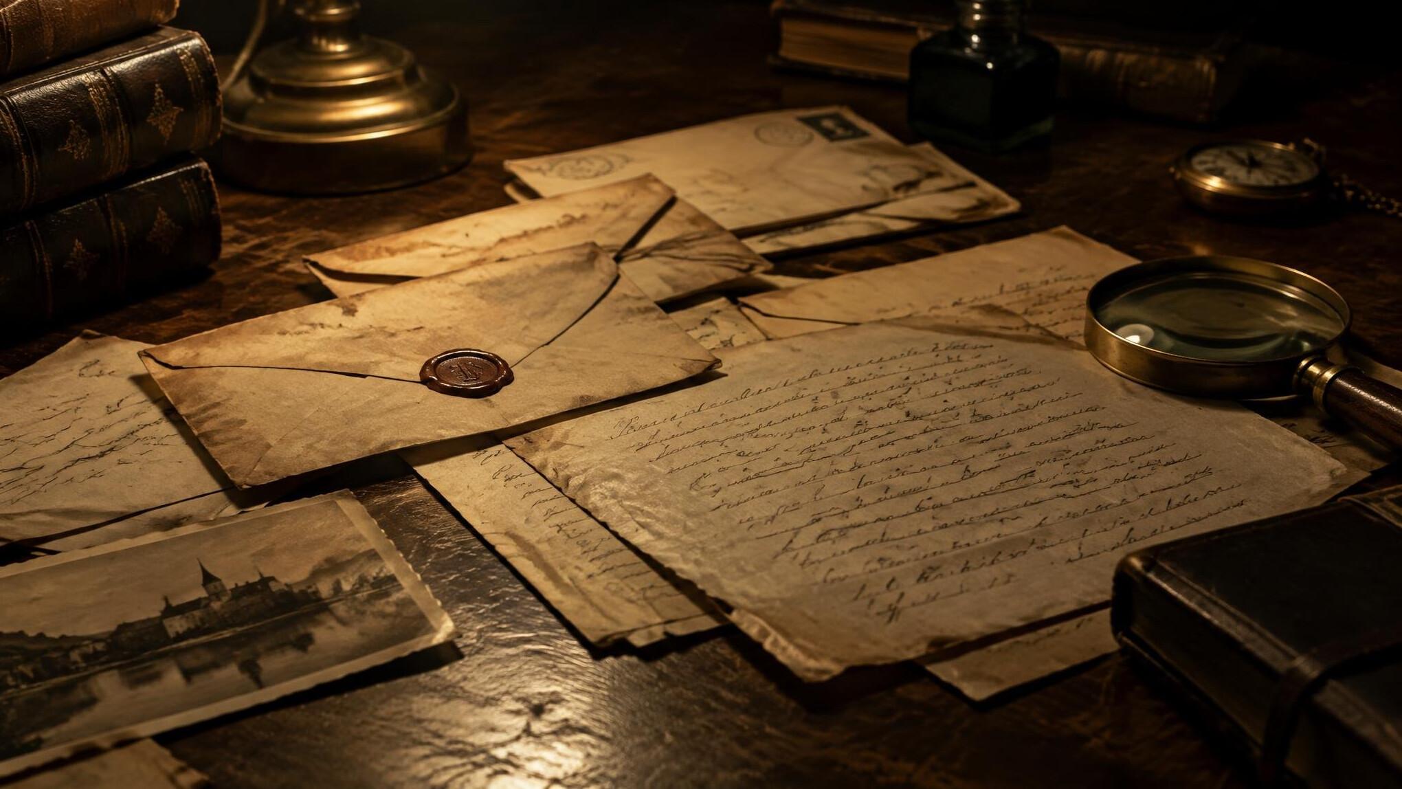 Cartas antiguas y documentos sobre un escritorio de madera
