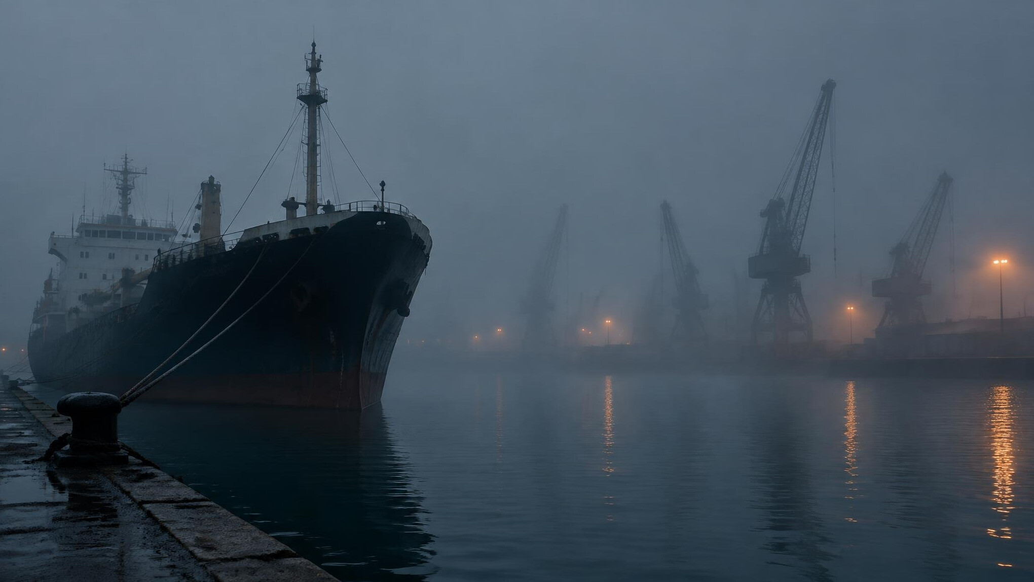 Barco de carga antiguo en el puerto de Montevideo entre la niebla