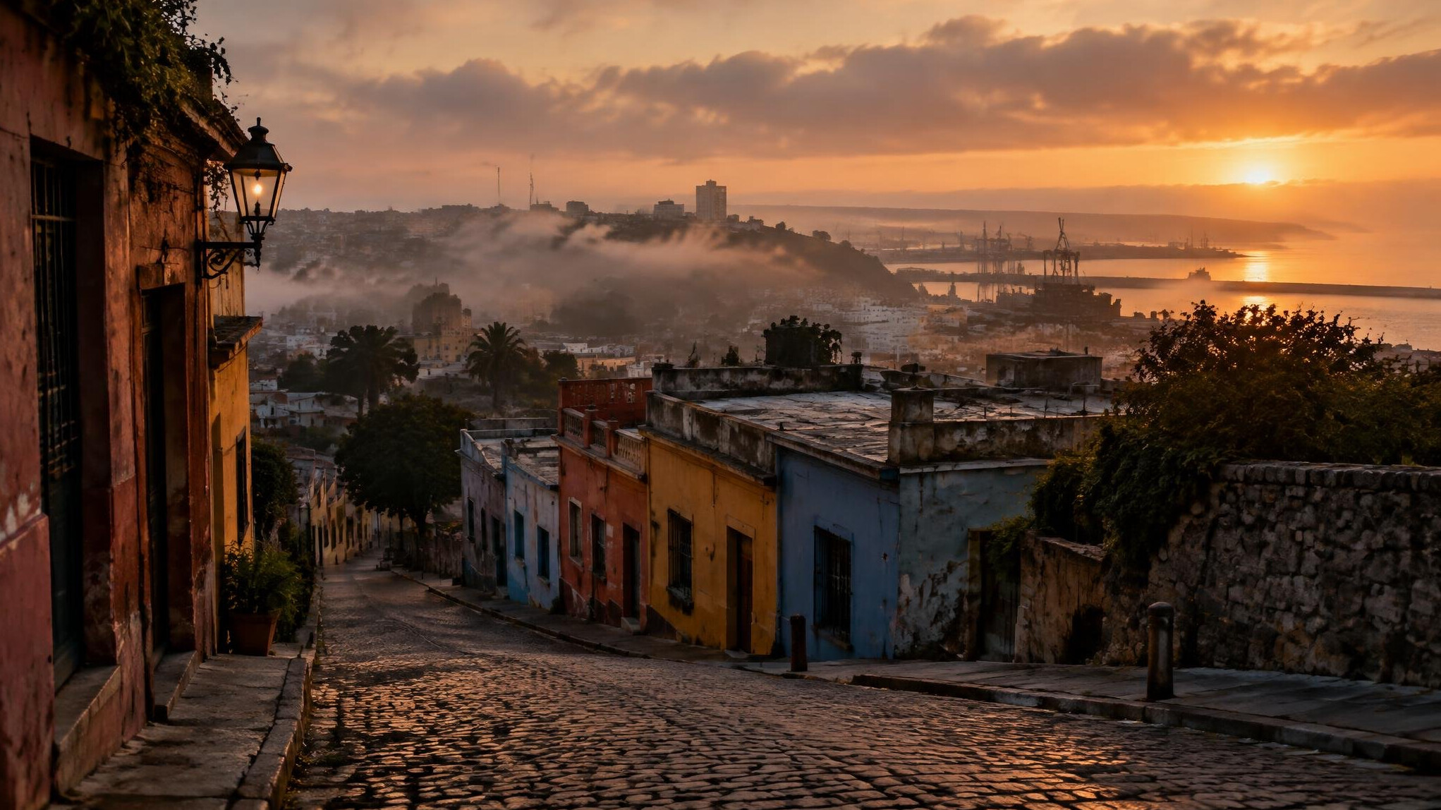 Vista del Cerro de Montevideo al atardecer con casas antiguas