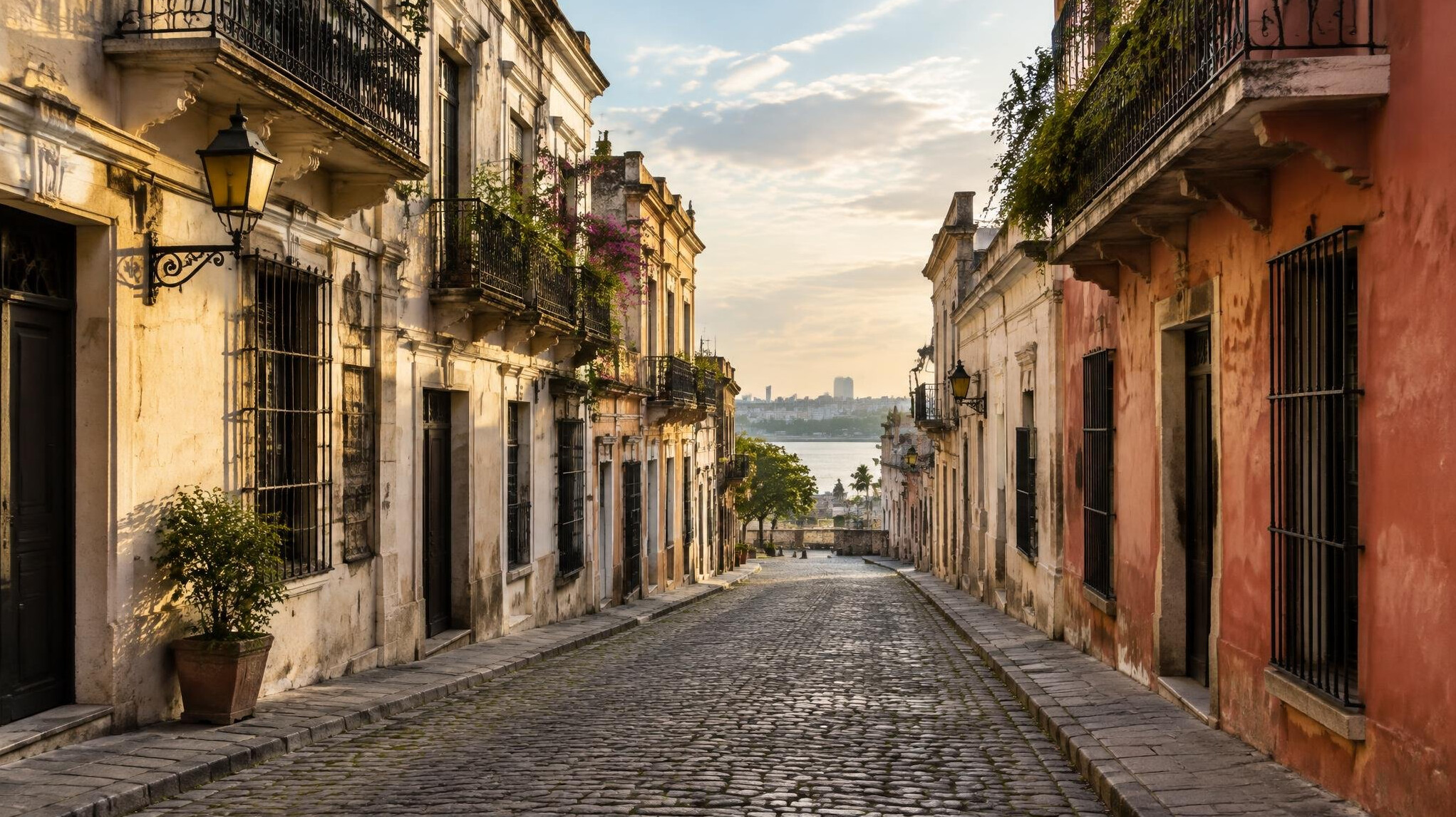 Calle empedrada de la Ciudad Vieja de Montevideo con balcones antiguos