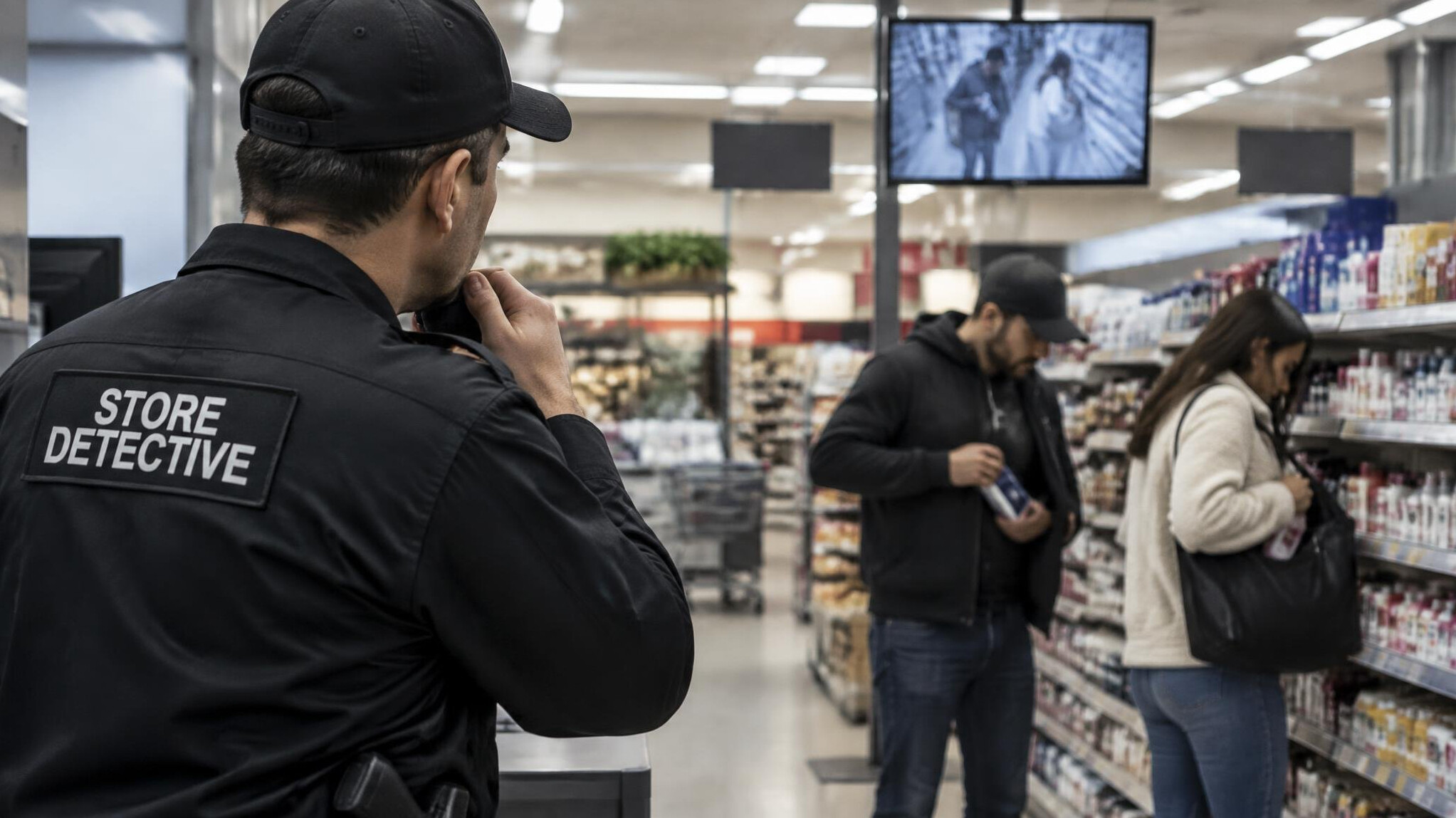 store detective watching shoplifters