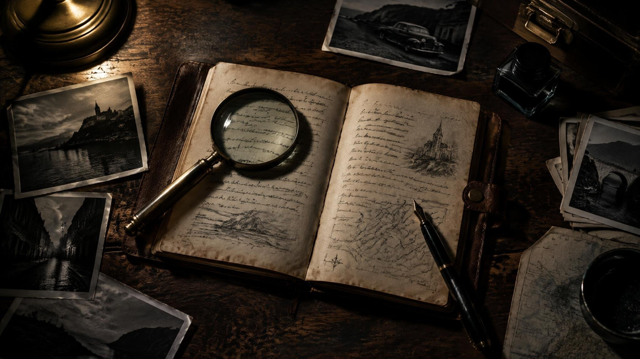 Cuaderno de investigación con lupa y pluma sobre un escritorio
