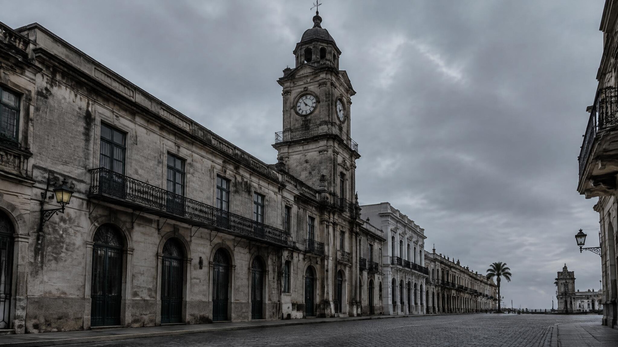 Fachada de un edificio histórico con reloj en la Ciudad Vieja de Montevideo