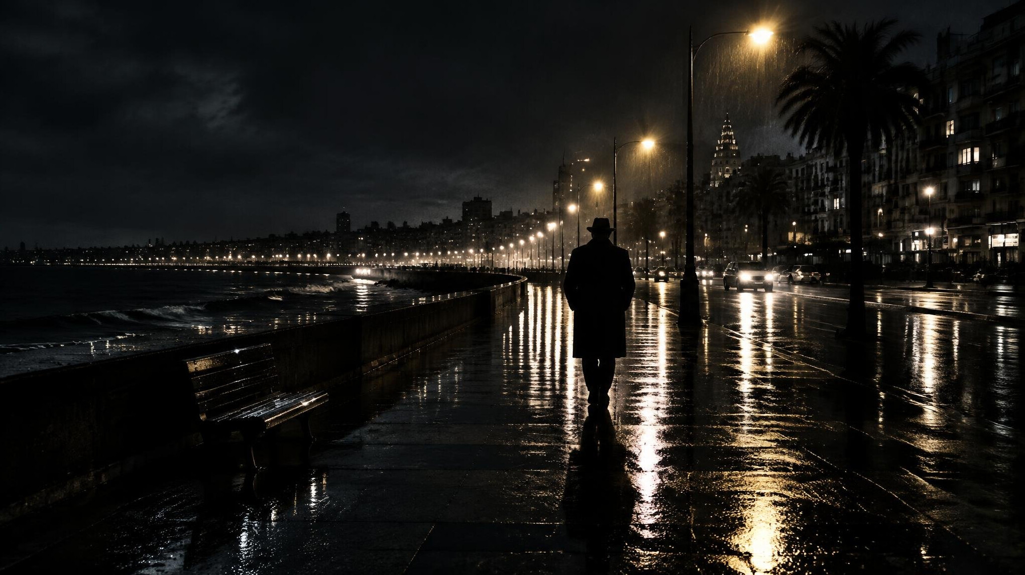 Silueta de una persona caminando bajo la lluvia en la Rambla de Montevideo