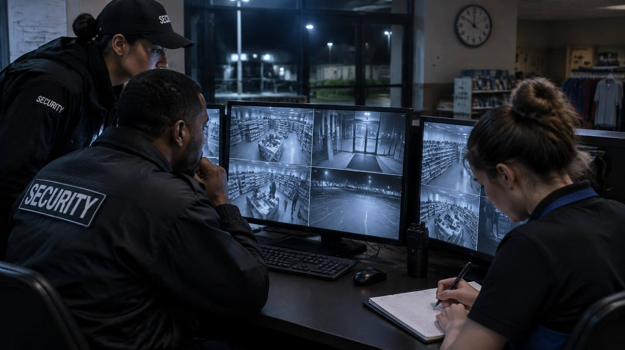 security team reviewing camera footage